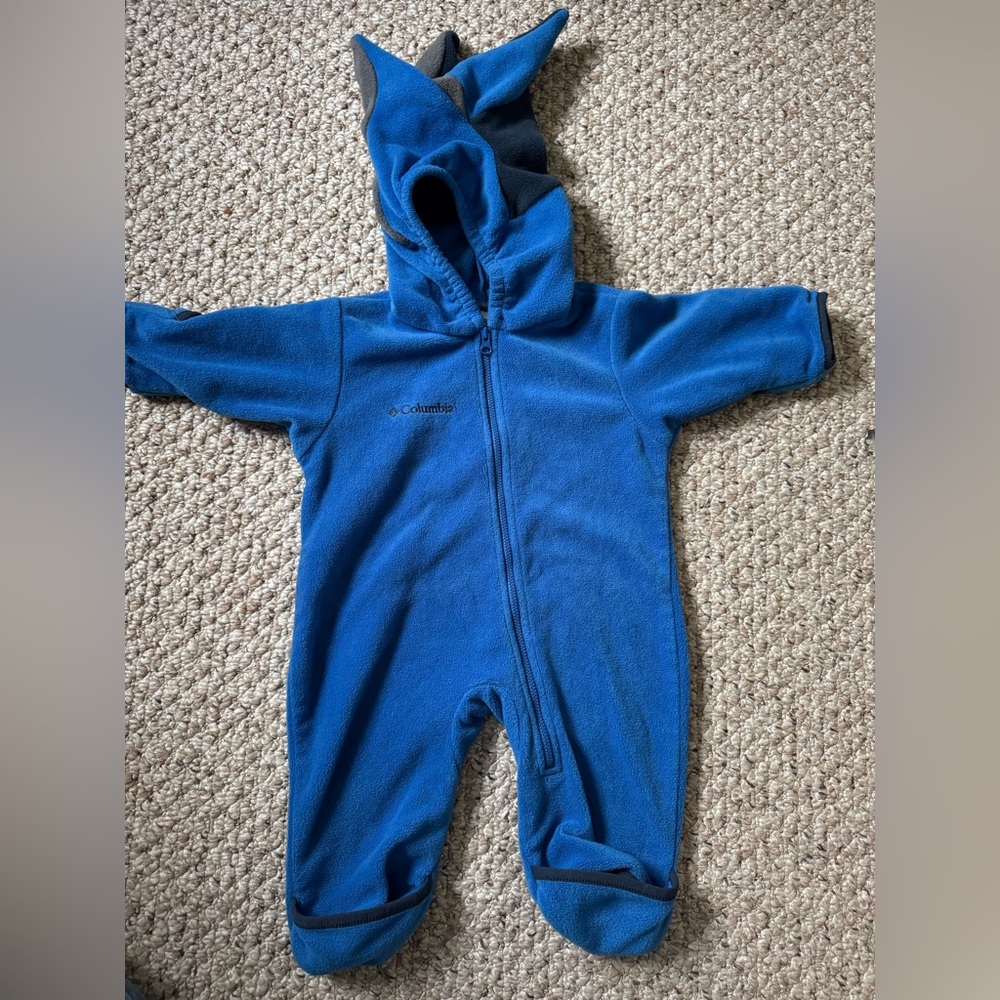 Columbia Baby 6 month Jester hood Blue footie EUC Winter Fall Cozy